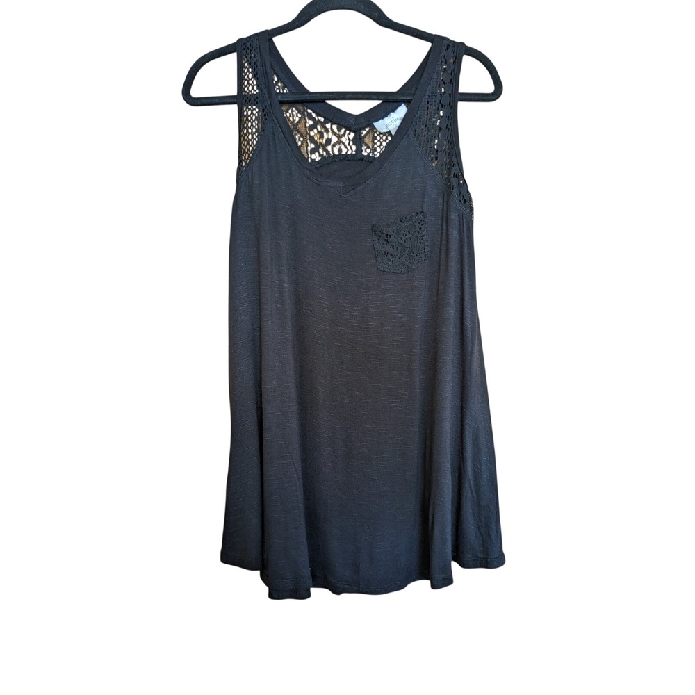 Just Be Womens Black Lace Trim Sleeveless Tank Top V-Neck Pocket Size Large